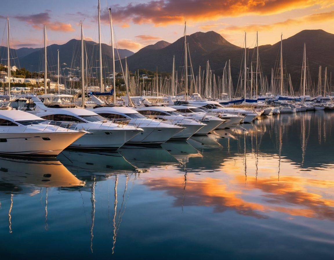 A serene marina scene at sunset with various yachts docked, showcasing their elegant lines and reflective surfaces. In the foreground, a confident person reviewing insurance documents, symbolizing assurance and protection. Gentle waves lapping at the dock, enhancing the tranquil atmosphere, and distant mountains adding depth. Soft golden and blue hues in the sky create a calm yet inspiring ambiance. super-realistic. vibrant colors. sunset lighting.