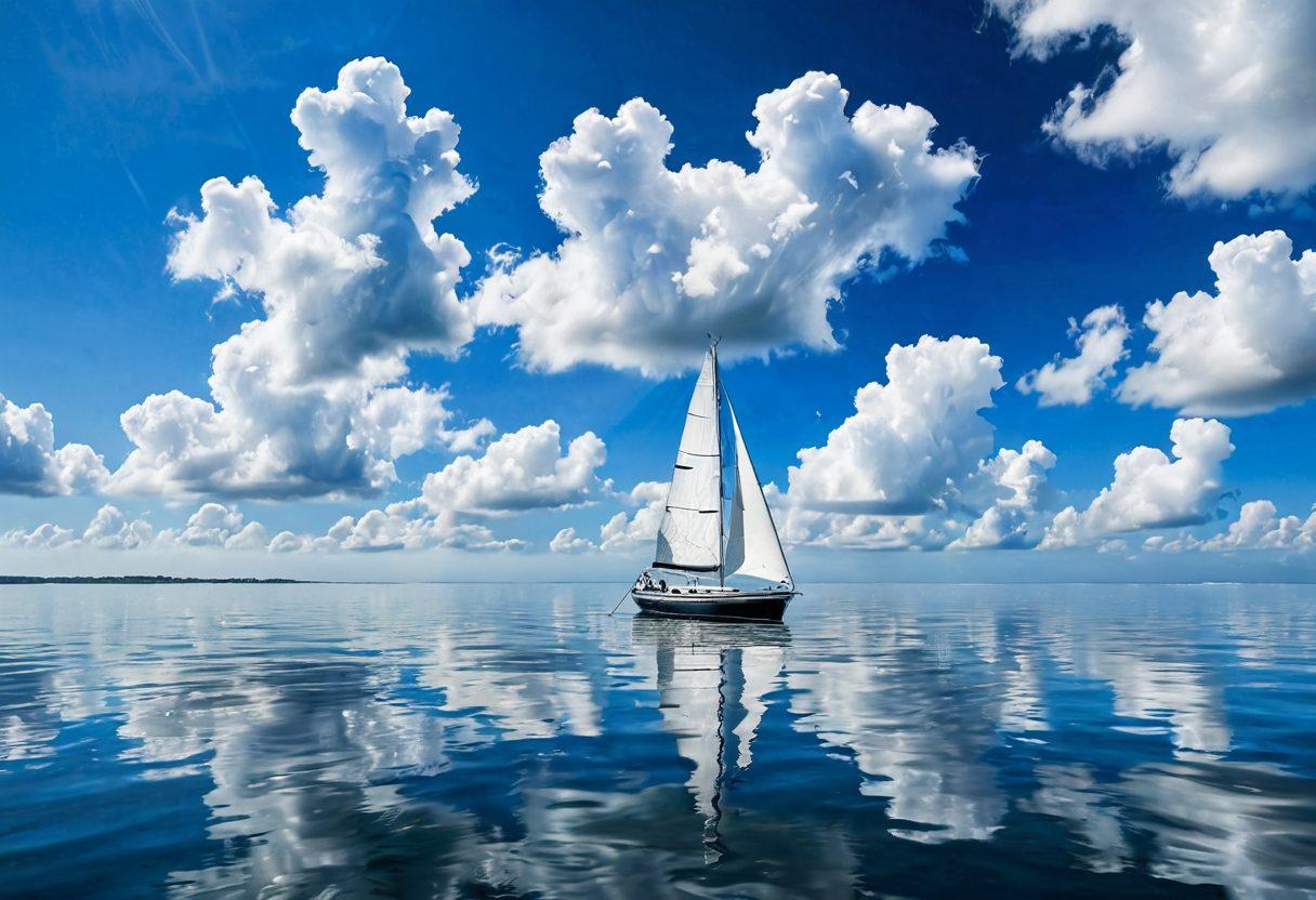 A serene scene of a sailboat gliding smoothly across a tranquil sea, with a backdrop of a clear blue sky and fluffy white clouds. Include visual elements such as a compass and boat insurance documents floating gently in the water, symbolizing navigation and decision-making. Use soothing colors to evoke calmness and clarity, enhancing the theme of smooth sailing. super-realistic. vibrant colors. white background.