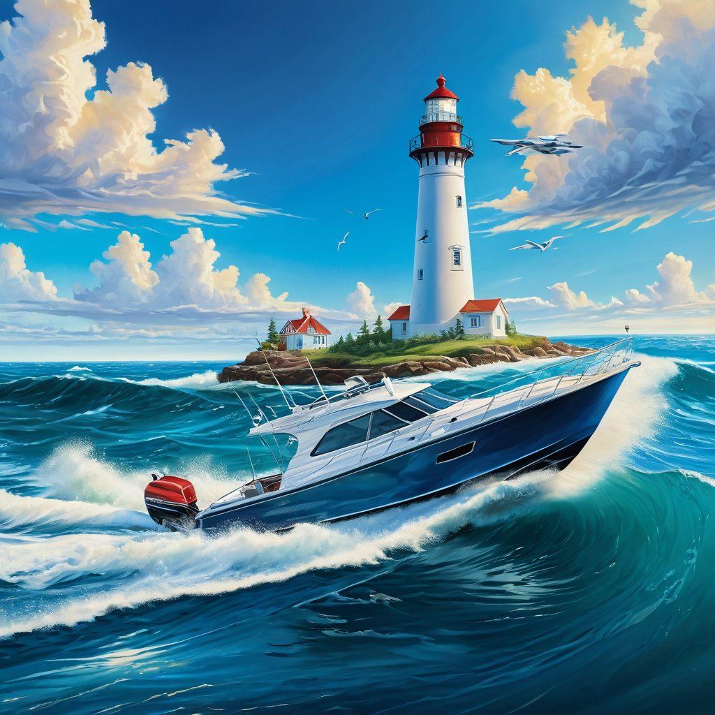 A sleek boat gliding over shimmering blue waters with insurance policy documents swirling in the waves. In the background, a lighthouse stands tall, representing safety and guidance. Bright sunshine reflects off the water, creating a vibrant and inviting atmosphere. Include elements of maritime symbols like anchors and life preservers subtly integrated into the design. super-realistic. vibrant colors. clear blue sky.
